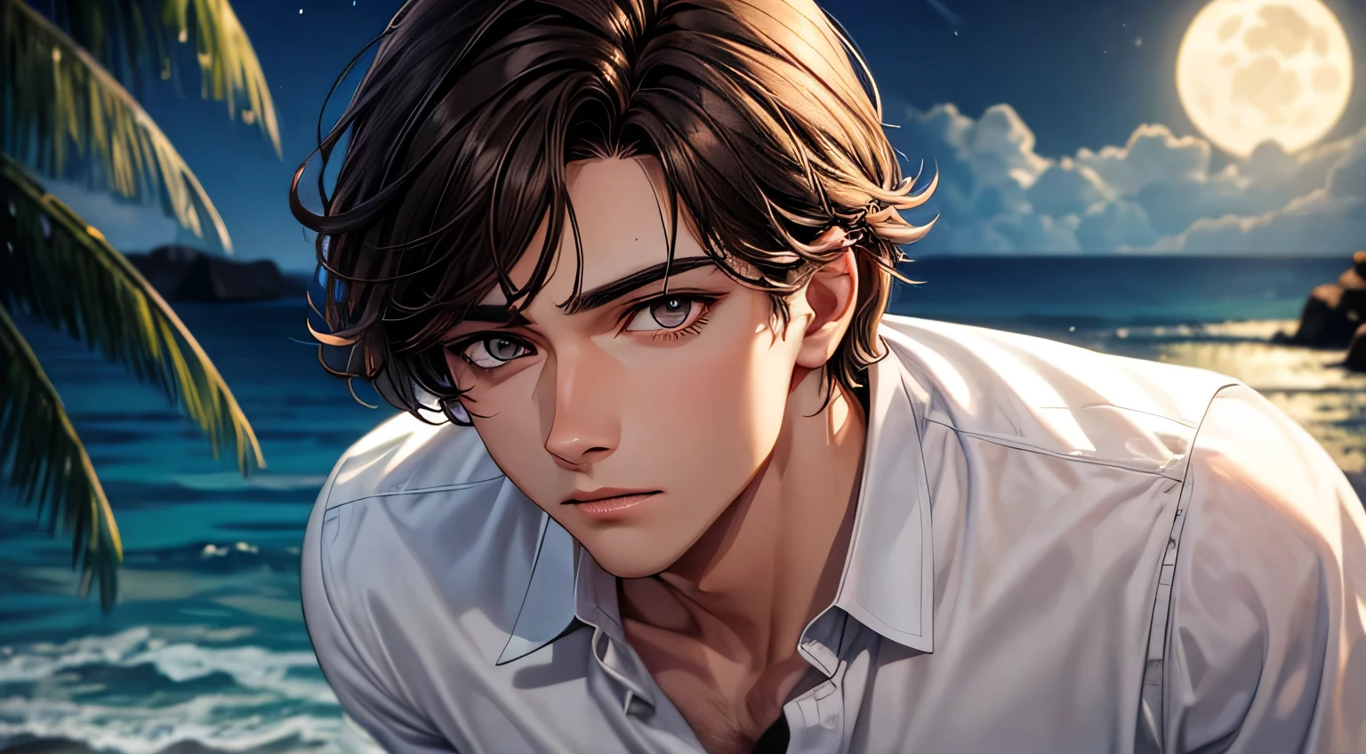 midnight coastal full moon male Brown Hair White shirt Detailed facial expression depiction Detailed depiction of clothing Detailed eye depiction Detailed hair depiction