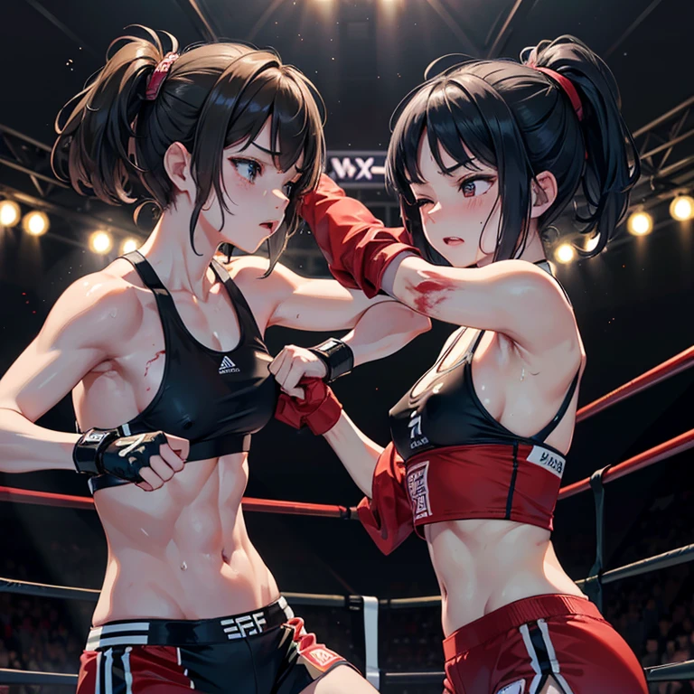 Punching or kicking the opponent's body。A battle royal between two beautiful young female mixed martial artists。Bruised Belly。Covered in blood、Covered in wounds and in a bad shape。They are fighting violently。Suffering from damage。Mouth open and dripping blood。Facial swelling。Bruised body。With one eye closed, it seems painful。Fighting inside the Octagon。I'm soaked in sweat。Ripped and tattered sports bra and bikini、Open Finger Gloves。Erect nipples。Short black hair。
