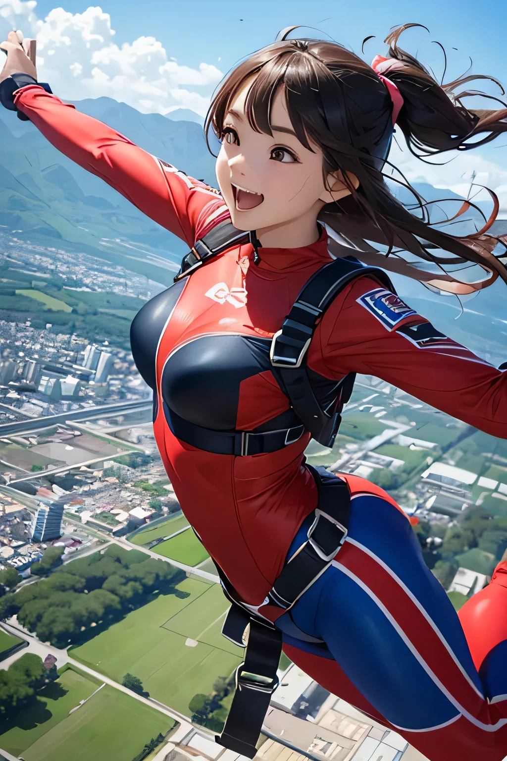 Dva from overwatch is flying over the city in her sexy skintight dvasuit. Although she only learned how to fly recently, she loves it and now spends most of her time in the air. She is atractive and sexy, she also has large breasts that help her fly. Now, she is flirtatiously showing off her power by levitating over the city. undefined, undefined, undefined, gently floating, levitation, flying