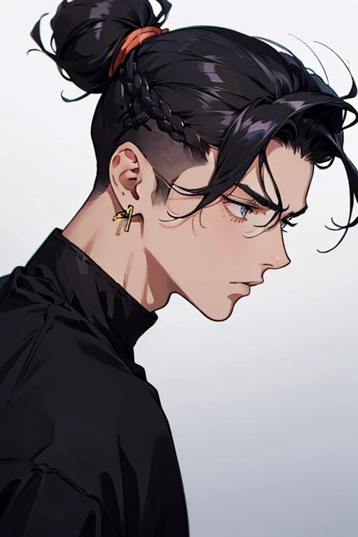 man gradient anime young black hair with low bun shaved sides turns hair to the left side in the middle serious face with black earrings sweatshirt