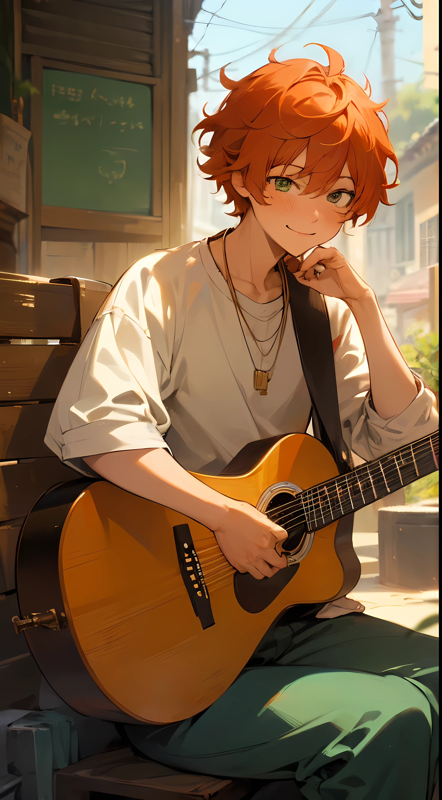 Male character, loco style, golden hour, warm colours, gold temperature, mexican street house, outdoors, 1boy, sitting, playing the guitar, Ed Sheeran outfit, dark orange hair, messy hair, curly male hair, short hair, green eyes, smiling, soft blush, soft, cool, happy, masterpiece, illustration, best quality, professional artwork, digital art, shining, sunshine, best illustration, anime artstyle, ikemen, handsome, beautiful and aesthetic, artistic, pure art, adult, 4k, hd
