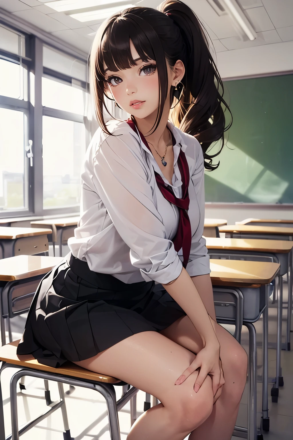 (Mastepiece: 1.3), (Maximum resolution: 1.2), (Ultra High Definition TV: 1.2), Cinema Light, Ultra High Definition TV, (Detailed eyes and skin), (Detailed facial features), Ticker, 8K resolution, Sharp Focus: 1.2, Perfect Style, Beautiful face, correct, Anatomically correct, Highly detailed face and skin texture, Detailed eyes, Brown Eyes, Double eyelids, Thin eyebrows, glitter eyeliner: 1.2, natural cheeks, Glossy Skin, Fair and shiny skin: 1.2, Shiny little necklace and earrings, (Glossy lips: 1.4),
Destroying First Person View, Wearing a high , (Embarrassing:1.2), (blush:1.2), Innocent and cute girl, (High ponytail, Wavy Hair, Light brown hair, Diagonal bangs), Medium Long Hair,
BREAK
(Full body shot: 1.2), (From below:1.3), (Focus on the legs), ((Very close relationship: 1.2)), (Medium large breasts:1.1), ((Sit on a school chair with your legs closed)), ((Pose with panties and skirt slightly lifted:1.2)),
(((In the classroom: 1.2)), (Looking up at the viewer:1.2)), ((Many other students' backgrounds:1.4)),