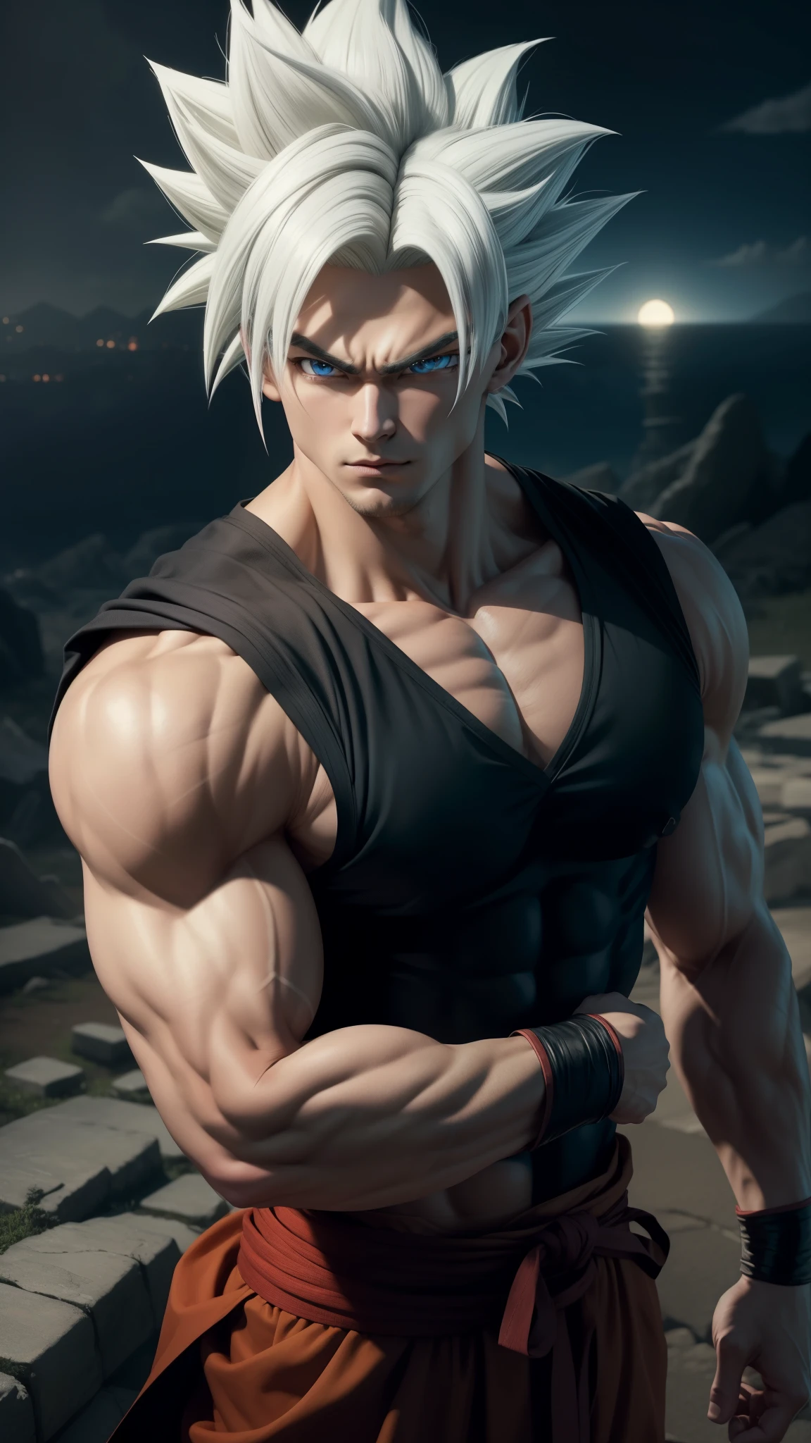 A true masterpiece of masculine beauty. goku, super sayagin 5, 20 years old, Wears a martial arts outfit and fights in a haunted and abandoned city, solo. Moonlight accentuates muscles just right. The landscape is lush and mysterious, with a dark city. The camera details everything. When looking at beautiful eyes, attractive blue eyes facing the viewer, one can clearly see every small detail, every perfect line, every detail of beautiful 8K quality skin, everyone is captivated by the beauty. Confidence radiates from every look. His head has white hair and his face is meticulously detailed in 8K quality images. Is a character in the Dragon Ball Seven series.​