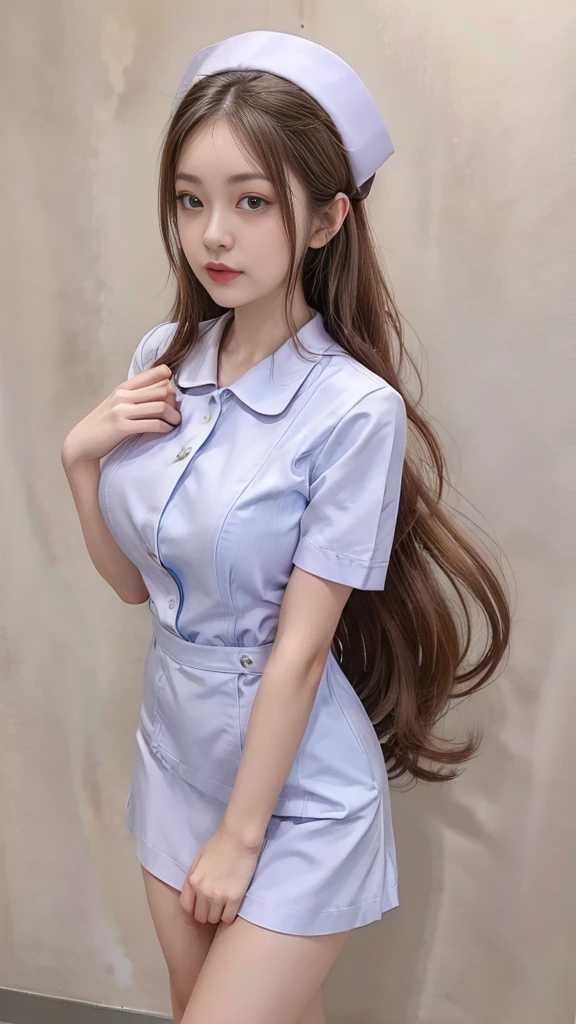 Nurse Girl, Huge breasts, A gigantic rift, Two meter long hair, Light makeup, thin body, I&#39;m small., hips raised, small thighs, Long legs, pure white nurse uniform, short skirt, tight