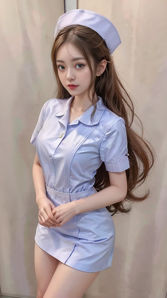 Nurse Girl, Huge breasts, A gigantic rift, Two meter long hair, Light makeup, thin body, I&#39;m small., hips raised, small thighs, Long legs, pure white nurse uniform, short skirt, tight