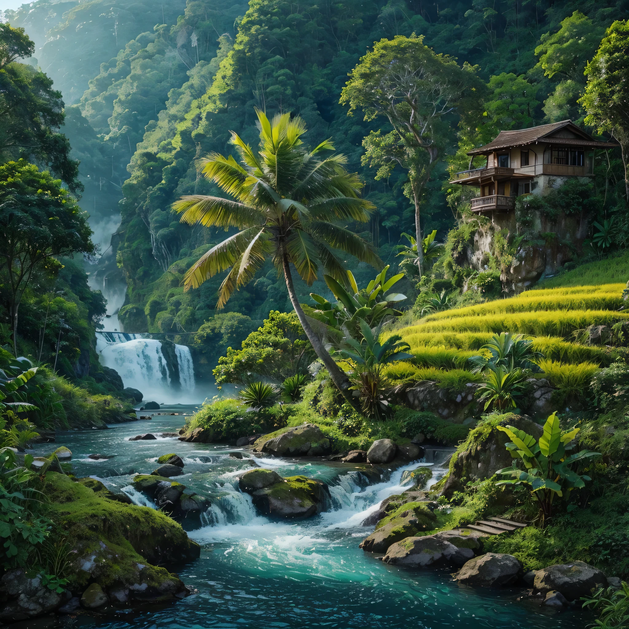 Create a hyperrealistic picture of a beautiful and enchanting view, a house located on a hillside, a coconut tree on the bank of a river with dense green leaves and lots of branches, a banana tree whose leaves are partially dry, a fern tree. small waterfall flowing with clear blue water, surrounded by rocks and plants, dark forest, green and yellow rice fields, steep hills in the background.
