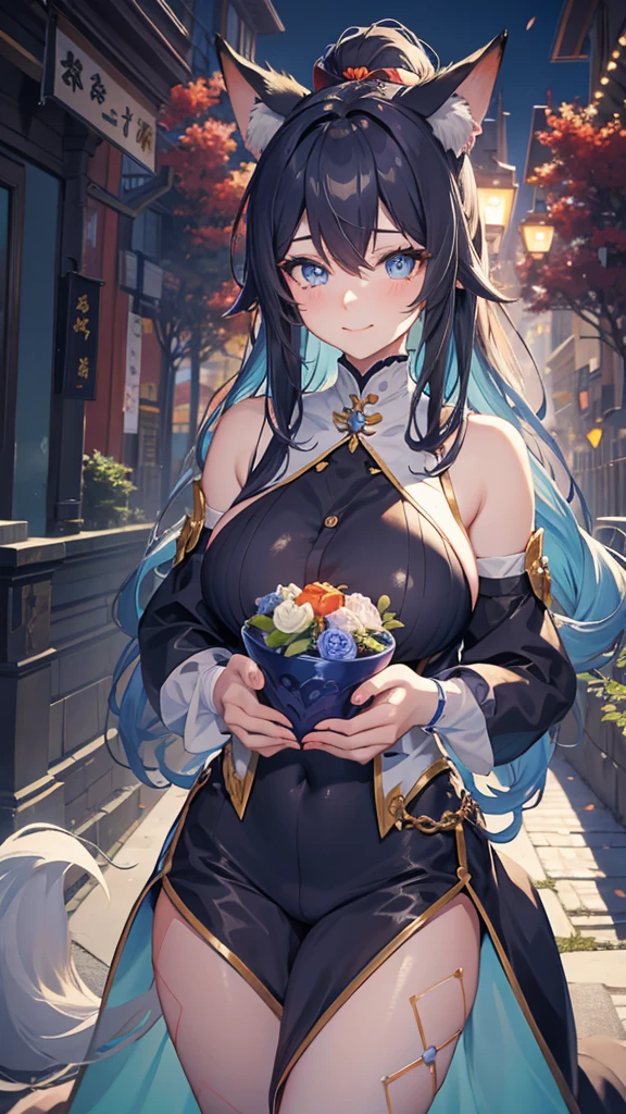 She is doing a heart hands pose, Beautifull blue eye with Heart-shaped pupils,Youkai fox, nine tails, animal ears, fox ears,"long orange fox ears with black tips", covering ears, kemonomimi mode, seductive smile,tail emanating(9 tails fox),((huge tits)) , large hips,fully clothed, no nswf,