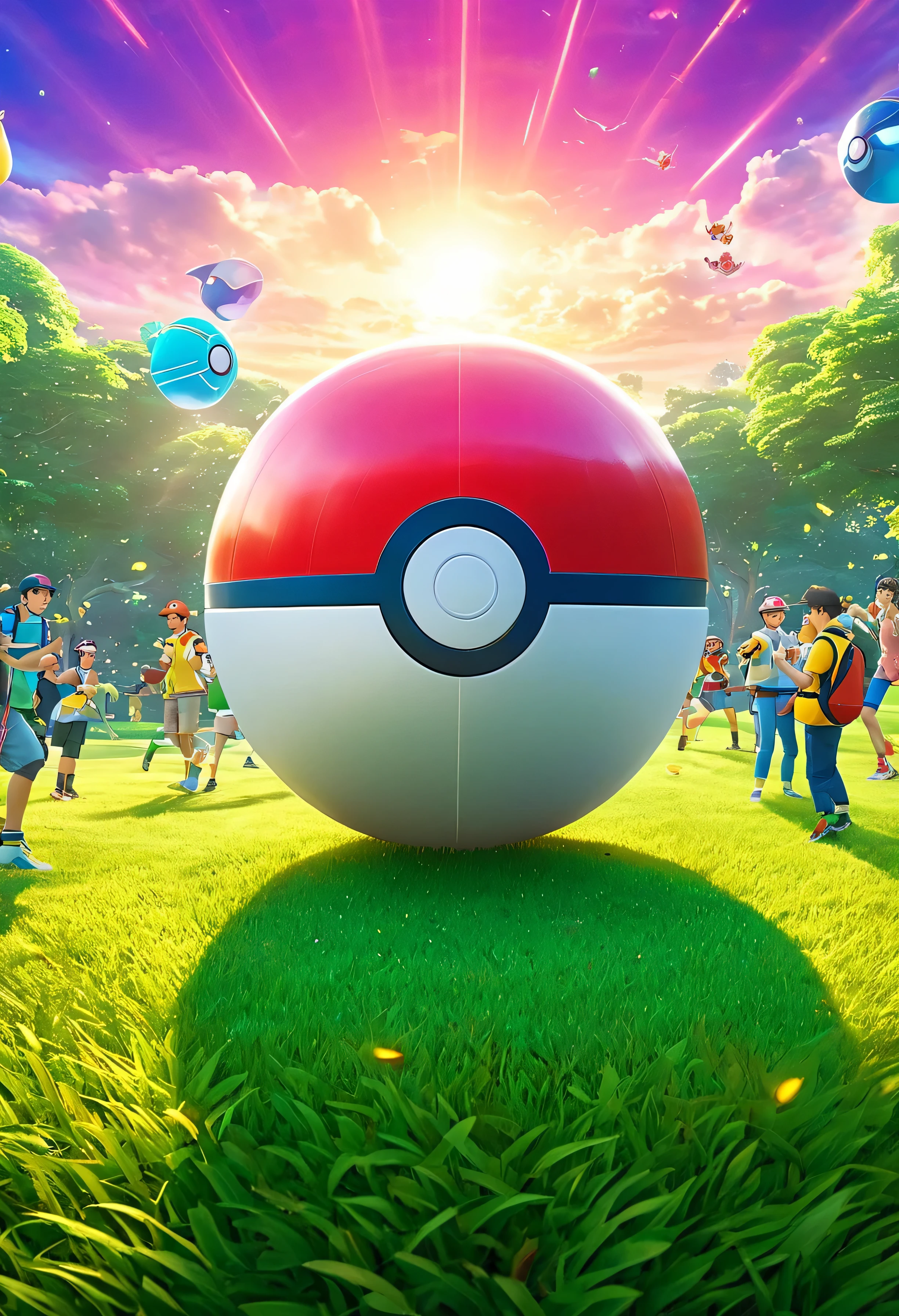 Masterpiece, digital, Pokémon GO group, banner image, cover image, multiple Pokémon, trainers, engaging in friendly activities, giant Poké ball, clash effects, high detail, volumetric lighting, high quality, epic, vibrant tones