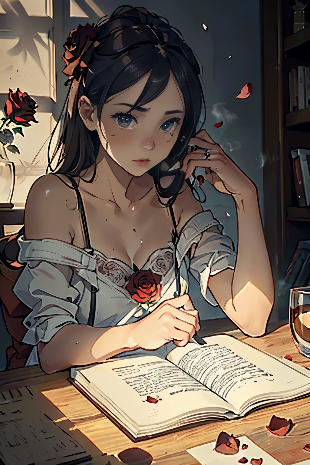 (Tipo Portrait, Realistic, High-Definition), (Open book on a quaint breakfast table:1.0), (A steaming cup of coffee sits companionably next to it:1.5), (A vibrant red rose blooms elegantly in a glass vase:1.0), (Close-up, focused composition:1.5), (In intricate detail, every wrinkle of the book's aged pages and the richness of the coffee's surface are captured:1.5), (The rose's petals are rendered with lifelike textures and subtle shading:1.5), (The warm, natural light filters in from the window, casting soft shadows and