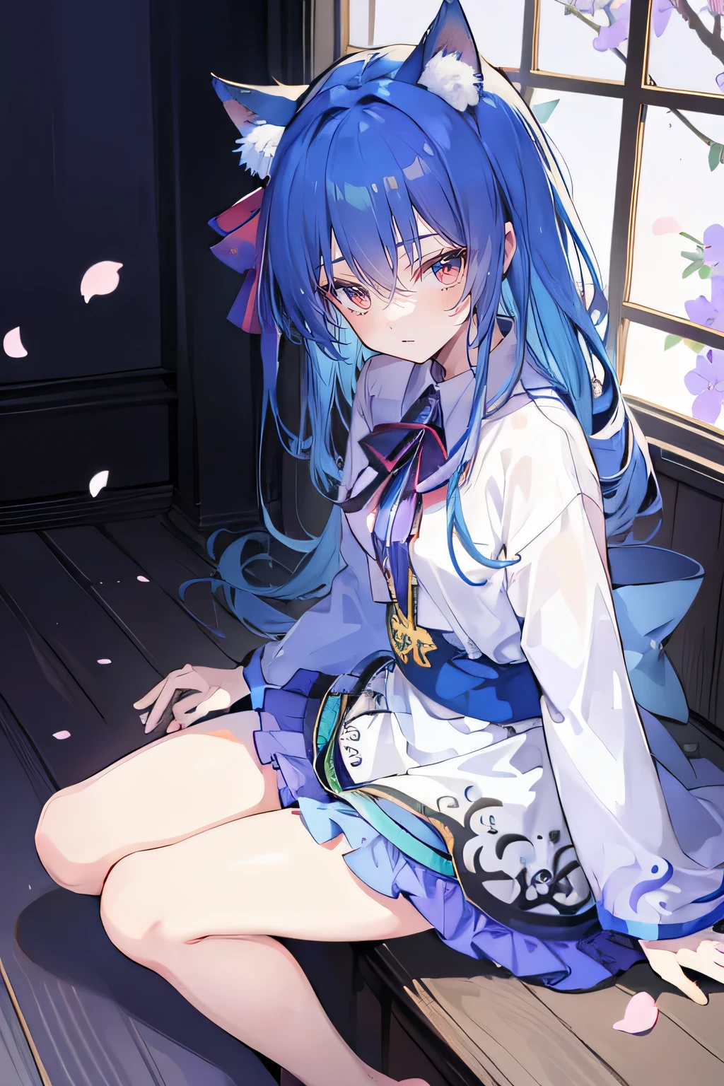 (masterpiece:1.2),ultra-detailed,realistic,expressive eyes,fair-skinned,perfectly shaped face,1girl,
Japanese cartoons,Gorgeous blue hair, flowing blue hair,floating clothes,cat ears,petals falling,beautiful Lola,Hina Angel,
hands on waist,gracefully sitting on the ground,legs crossed,gentle and serene background,cool and comfortable pavilion.