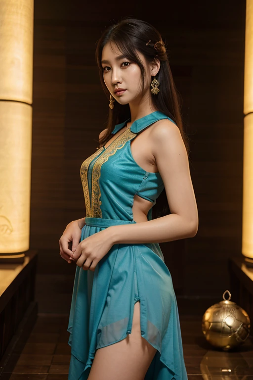 Seirang cewe Korea usia 28 tahun cantik putih mulus langsing mengenakan Chiffon dress,anting anting model gantung,sedang berdiri dwngan anggun memegang Oedang Kembar bergagang Kepala naga emas,dari ujung oedang mengeluarkan Kilatan petir yg menyambar ke Langit, background y dijaga oeh 2ekor naga Merah dan biru yg Menyemburkan bola bola Ap menyala disisi y ada Logo *ACC* debu beterbngan,kabut putih mulai naik, Fotography view Real HD 32K hyper Realistic