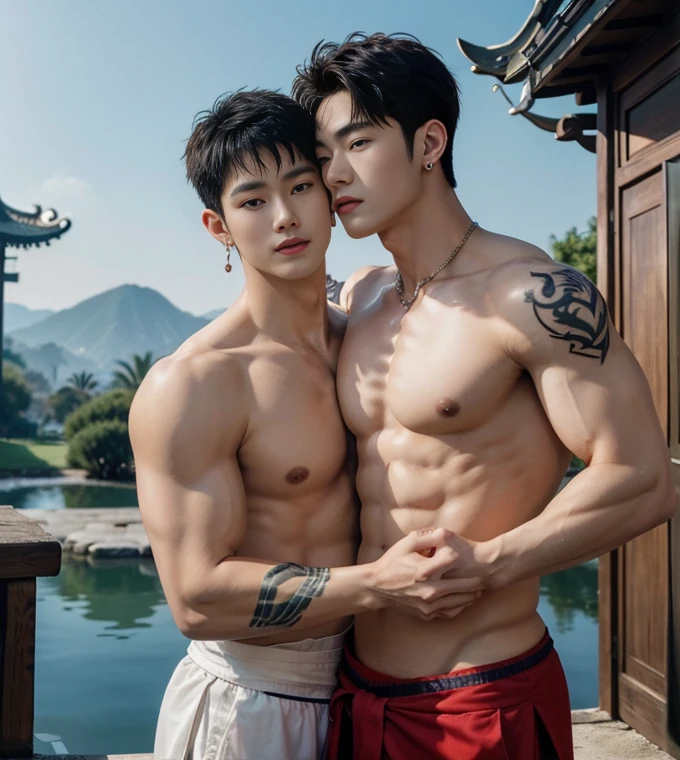 2 Handsome chinese guy kissing, smilling at each other, bare chest , show the abs, 20 years old,hug, cuddle, touching lips, skin ship, romantic, Asian, chinese hansome actor, kpop idol, handsome male model,manly, master work, best picture quality, higher quality, high detail, super high resolution, 8k resolution, perfect clear light,perfect eyes, perfect skin, manly jawline, manly chin, perfect hands, big chest muscles, bare chest, big juicy butts, tattoos chest, tattoo hands, tattoo legs, tattoo back, tattoo arms,earings, ancient pendents, braceles, glowing eyes, short hair, hair details, detailed background , open Hanfu transparent (see throught), skinny short,super thin loincloth, detailed perfect abs, Chinese garden background, Chinese kung fu,skinny dragon-themed costumes, spinning floating particles, chinese temple in background,