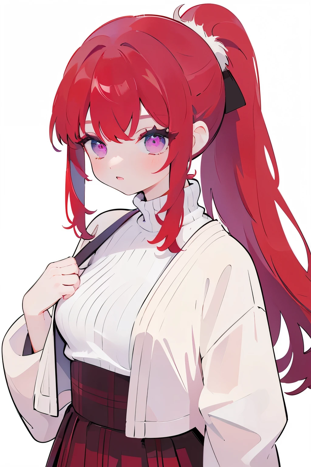 masterpiece, best quality, ultra detailed, 1girl, beautiful girl, ponytail hair, red hair, purple eyes, sharp eyes, bangs, turtleneck, plaid skirt, white background,
