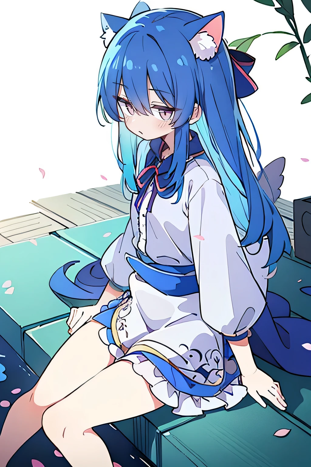 (masterpiece:1.2),ultra-detailed,realistic,expressive eyes,fair-skinned,perfectly shaped face,1girl,
Japanese cartoons,Gorgeous blue hair, flowing blue hair,floating clothes,cat ears,petals falling,beautiful Lola,Hina Angel,
hands on waist,gracefully sitting on the ground,legs crossed,gentle and serene background,cool and comfortable pavilion.