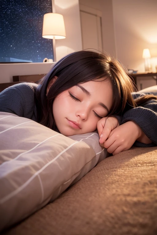 A girl sleeping on the bed, a peaceful expression, a silver room lighting, a cozy room atmosphere, a night view of stars floating outside the window next to the bed, a natural