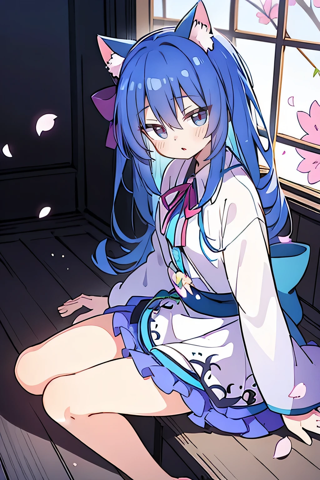 (masterpiece:1.2),ultra-detailed,realistic,expressive eyes,fair-skinned,perfectly shaped face,1girl,
Japanese cartoons,Gorgeous blue hair, flowing blue hair,floating clothes,cat ears,petals falling,beautiful Lola,Hina Angel,
hands on waist,gracefully sitting on the ground,legs crossed,gentle and serene background,cool and comfortable pavilion.