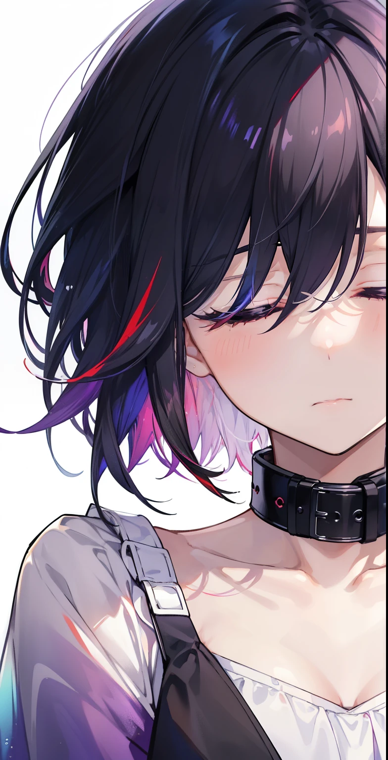 girl, close up, (detailed emotion), (depressed), (remorse), (regret), (closed eyes), (black hair:1.2), (short hair), (red gradient hair, blue gradient hair, purple gradient hair), (multicolor gradient hair), (all gradient down hair:1.3), (white dress), (black collar), (white background),
