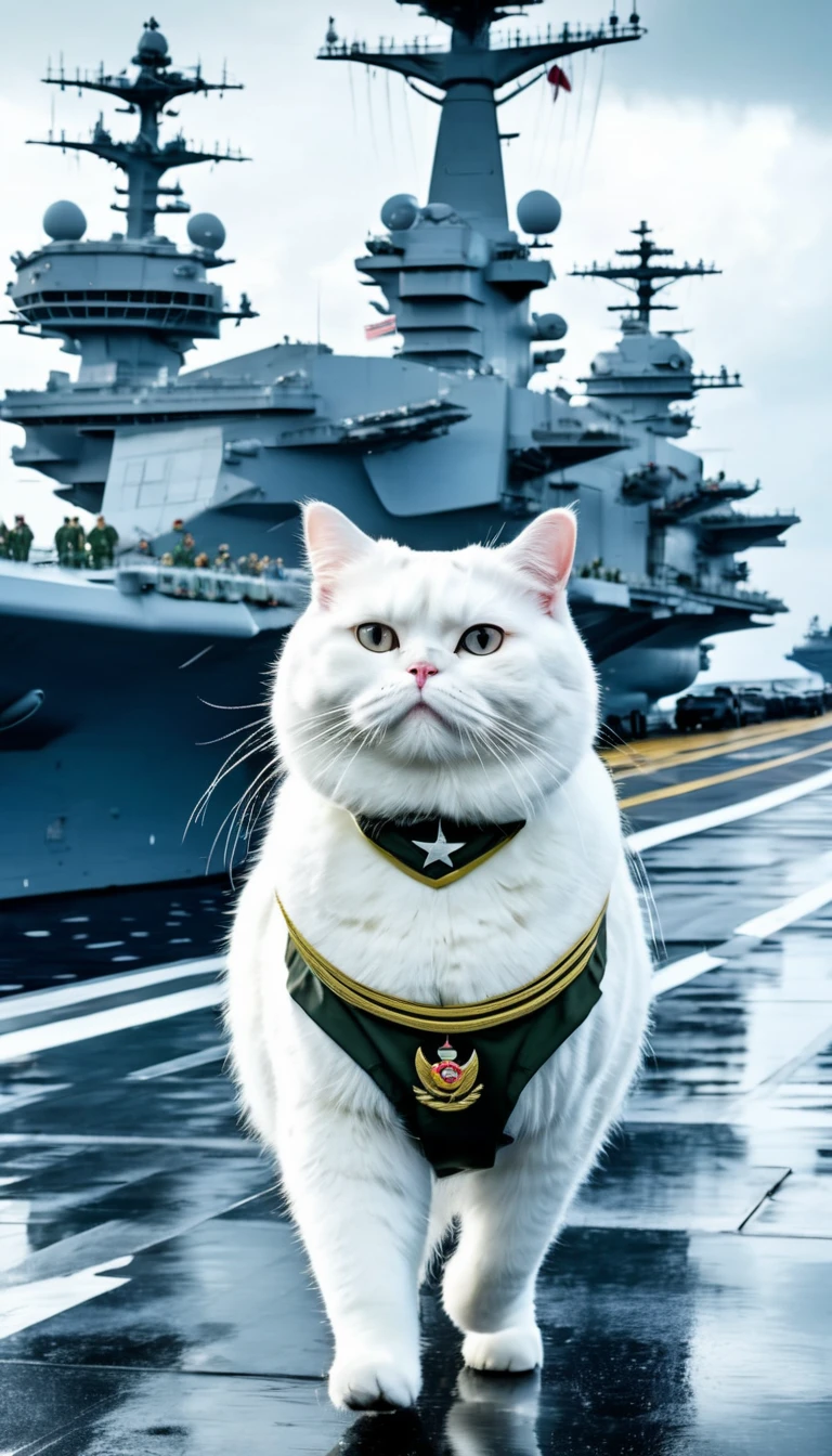 A fat white cat with military uniforms is walking on an aircraft carrier, heavy rain, dirty water, heavy thunder, 8k