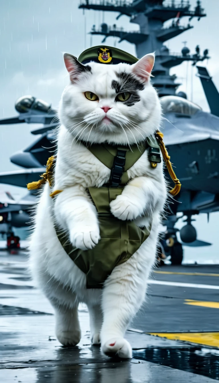 A fat white cat with military uniforms is walking on an aircraft carrier, heavy rain, dirty water, heavy thunder, 8k