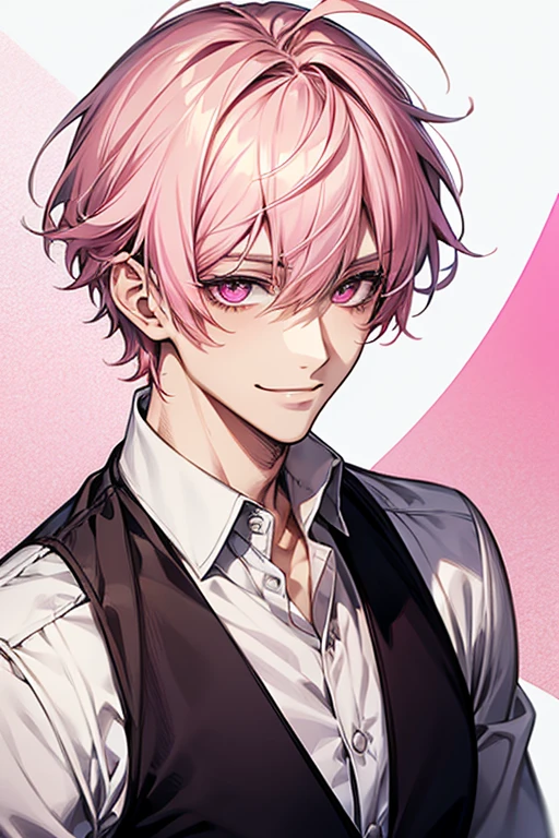 Handsome, solo, 1 male, short hair, pink hair, pink eyes, smile facial