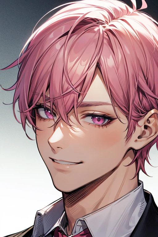 Handsome, solo, 1 male, short hair, pink hair, pink eyes, smile facial