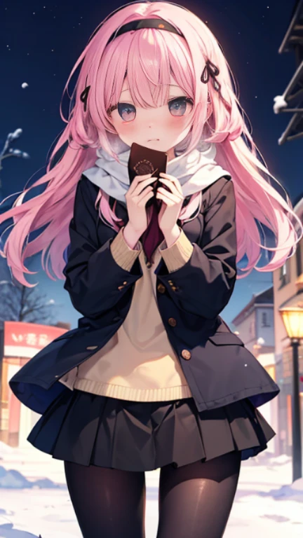 、、Shyness、blush、Embarrassing、blush、、、skirt、snow原、、snow、cold、scarf、scarfを巻く、降snow高解像度、Full HD、8K quality、、、Droopy eyes、、、Eye highlights、Bright eyes、Clear Eyes、Beautiful Eyes、avert your eyes、Embarrassing、blush、、Eye highlights、、、Eye highlights、信じられないほどBeautiful Eyes、Black tights with pink lines、、、Valentine's Day、chocolate、両手で心臓型のchocolate持つ、、Confession、Pink Hair、Let your hair down、Straight hair、Long Hair、Black headband