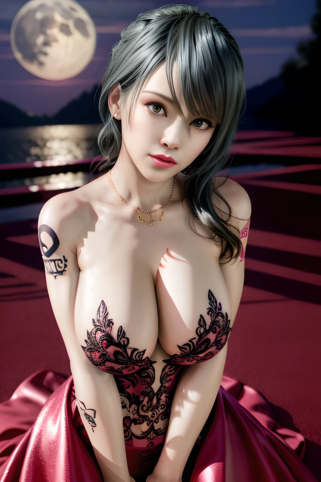 1 girl,lean over WINK, (dark red Wedding Dress,see-through), nighttime,moon,( huge breasts:1.1),cleavage,shiny skin,lip gloss,( tattoos:1.2), masterpiece, best quality, realistic ,Surrealism,Rich artistic colors,natural colors art in 8k,3D,Portrait art,solo, tamaki