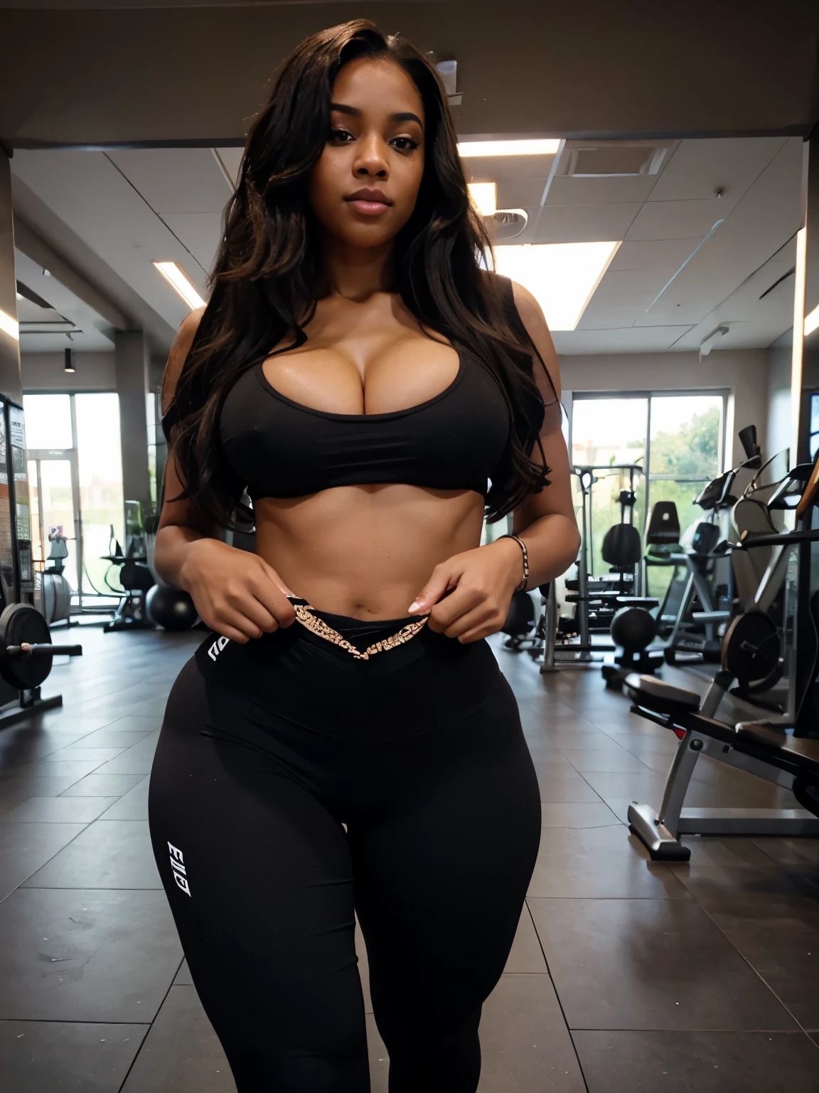 Mixed black ethnicity, curvy girl , long hair , sexy photos , wearing sexy gym outfit