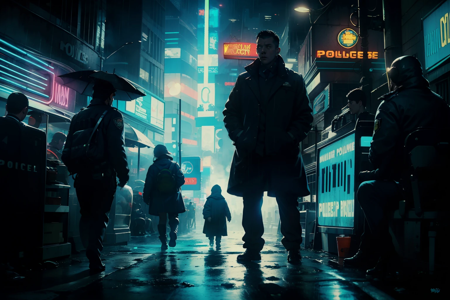 ((highest quality)), ((masterpiece)), (be familiar with), (High definition), (Accurate), (Realistic), (Cinematic), (Best Shadow), (Low contrast), (8K), Perfect Face, ((SYD MEAD style)), manga、mangaデザイン、Storyboard、Frame division、(Replicant's daughter, Black Hair, very short hair, Blue Eyes, Police black hooded raincoat), (He is watching the police from the shadows.)、On the run、(Two police officers from the Metropolitan Police Department)、(Glittering neon signs)、congestion, congestion, Decadent Future City, NEO TOKYO, A.D.2051, (steam:1.2), It's raining white, evening,