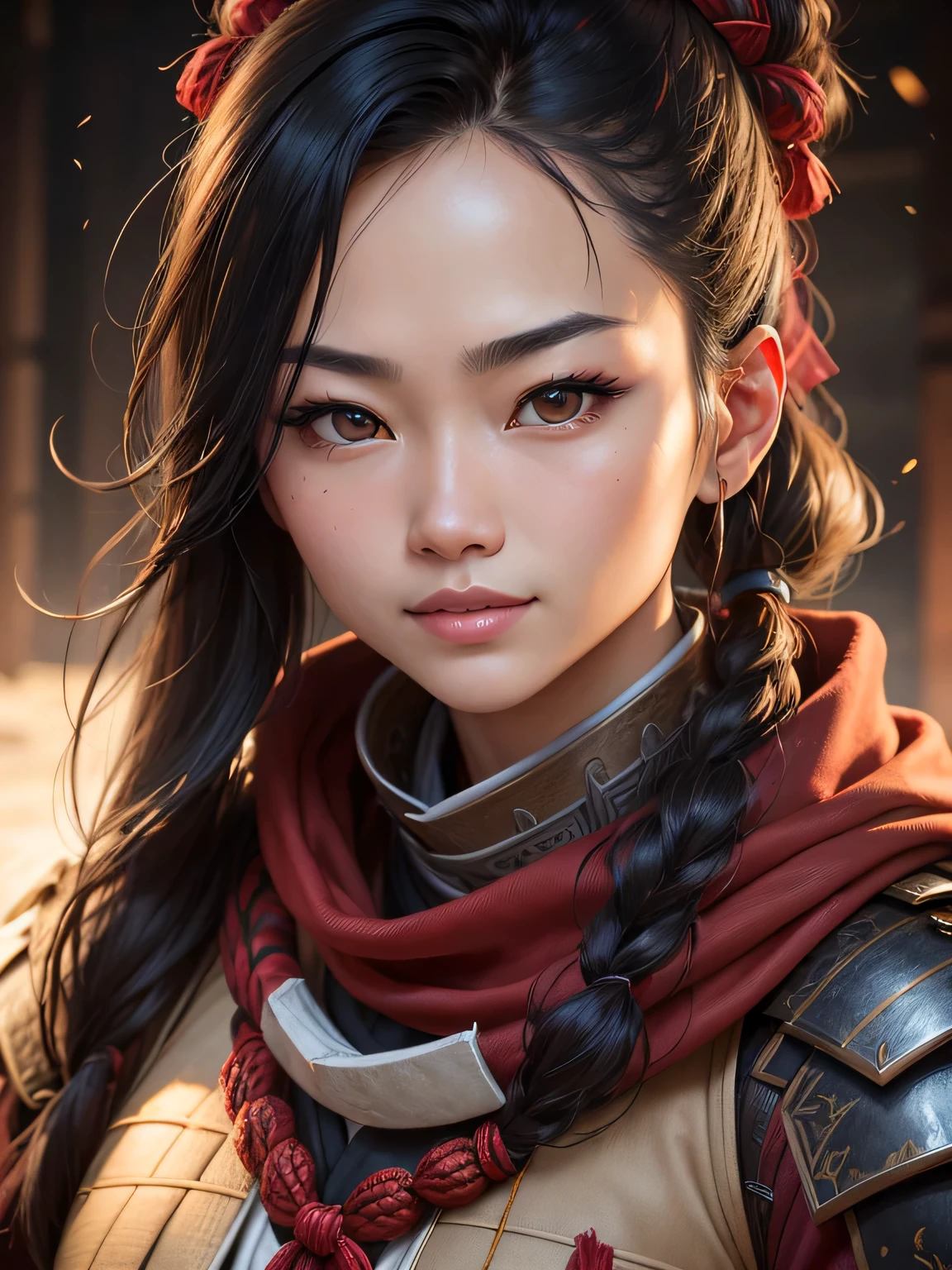 A photorealistic close-up portrait of a young Cynthy Wu, twenty five years old, looking directly at the viewer, looking squarely at viewer, wide jaw, strong chin, closeup, close-up, with light makeup, Extremely detailed eyes, black hair tied in a ponytail, hair framing face, cheeky smile, one eyebrow raised, A detailed symmetrical realistic face, red keffiyeh, authentic samurai armour, highly detailed natural texture, master piece, absurdes, extremely detailed, astonishing, fine detail, couleurs riches, Hyper realistic texture, dramatic lighting