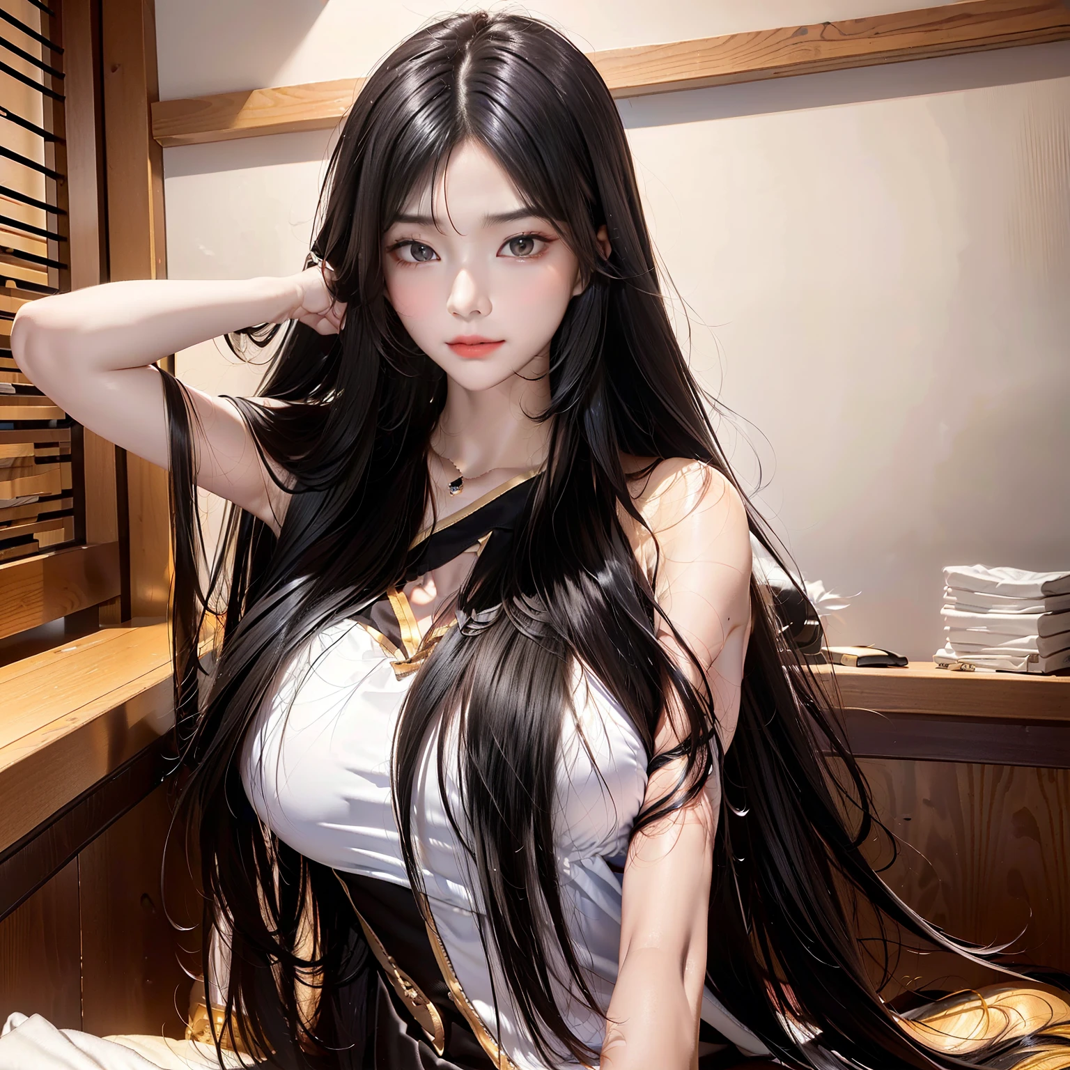 (Best image quality、highest quality、Highest Resolution、Ultra-realistic photos、Full body photo、）１People Girls、Very long black hair, about 10 meters long、Black hair longer than my height、Straight black hair、naked、She is lying down and spreading her long black hair out on the bed.、Boasting long black hair、Showing off her long black hair、Lots of long black hair、My hair is too long and I&#39;m at my wit&#39;s end、Maintaining the beauty of my hair is what gives me meaning in life、Don&#39;t forget to brush thoroughly every day、I shampoo every day、longest black hair in the world、The whole body is covered in black hair.、Brushing back long black hair、Long black hair is very heavy、My long black hair makes me look beautiful、Beautiful women all over the world admire my long black hair.、She appears in a shampoo commercial、I&#39;ve never had my hair cut since I was born.、Shiny black hair、My long black hair has been designated a national treasure.、My long black hair covers the whole bed.、Long black hair、My long black hair is worshipped all over the world.、Tied up with long black hair、Hair more beautiful than silk、Binding the body with long black hair、