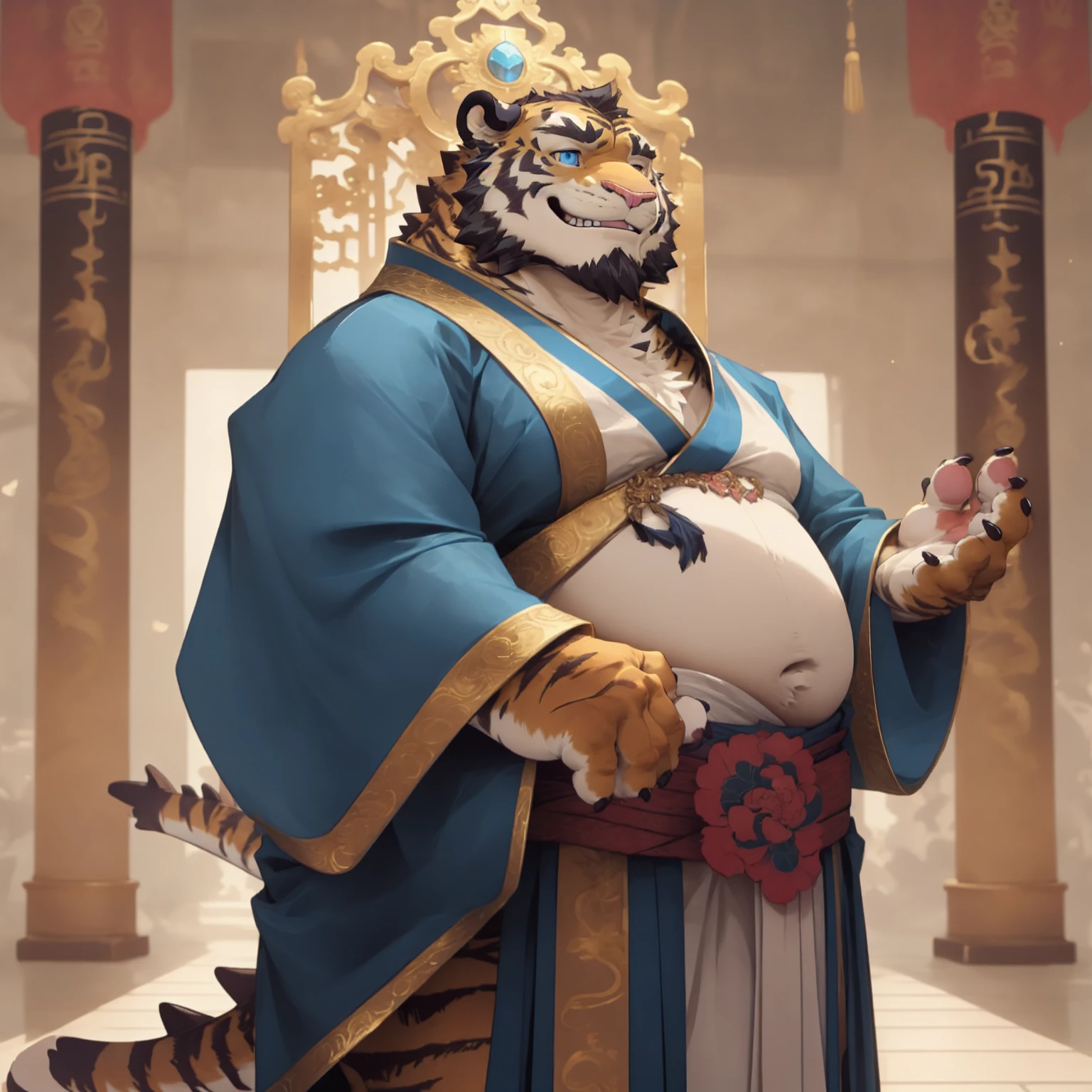 male, tiger, big pecs, ((big golden nipples)), big thighs, ((shy)), bara, albino, older male, ((golden body paint)), opulent, sitting on throne, golden ornaments, gold accessories on horns, delicate, soft, serene expression, silk robes, oriental style, elaborate head piece, (translucent silk robes), very slight belly, cartoon eyes, royal, regal, 