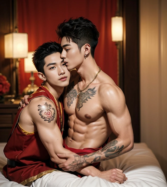 ( safe for work),Two handsome boys kissing, smiling at each other,hugging, kissing, touching lips, cuddle, romantic,skin ship, Chinese Men God, Mythology, realistic, Chinese odyssy, super Handsome,manly, kpop idol, handsome korean actor, 20 years old,, detailed face, manly jawline, detailed mess curly styling hair, , Muscles, big  Athlete body, Full Frame,full body shoots, realistic, human skin, tattoo , Professional studio Lighting, long red tibet wedding Outfit, jade and golden pendent all over , detailed jewery in dress, earings,Chinese ancient wedding Background,out door, super detailed background,look at camera , open mouth, thin Underneathe , tibet Warrior, Hanfu red wedding dress, tibet Male, tibet Nobel, Seduce ,   , tattoo , tattoo arms, tattoo hands, tattoo back, tattoo legs , tattoo belly, big juicy butts, 