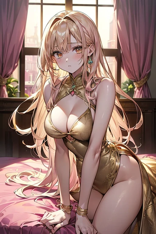 最high quality、best image quality、masterpiece、with a girl((20-year-old、vest bust、big bast、bust 85,beautiful golden eyes、wide open chest,blonde long hair、Slender、big valley、gold bikini、gold dress,Show the whole body、leaning forward))、high quality、beautiful art、With background((Luxury Hotels in Pink、window with night view、pink lighting、Gold Bed、pink seat step piece、visual art、Depth of the bounds written、