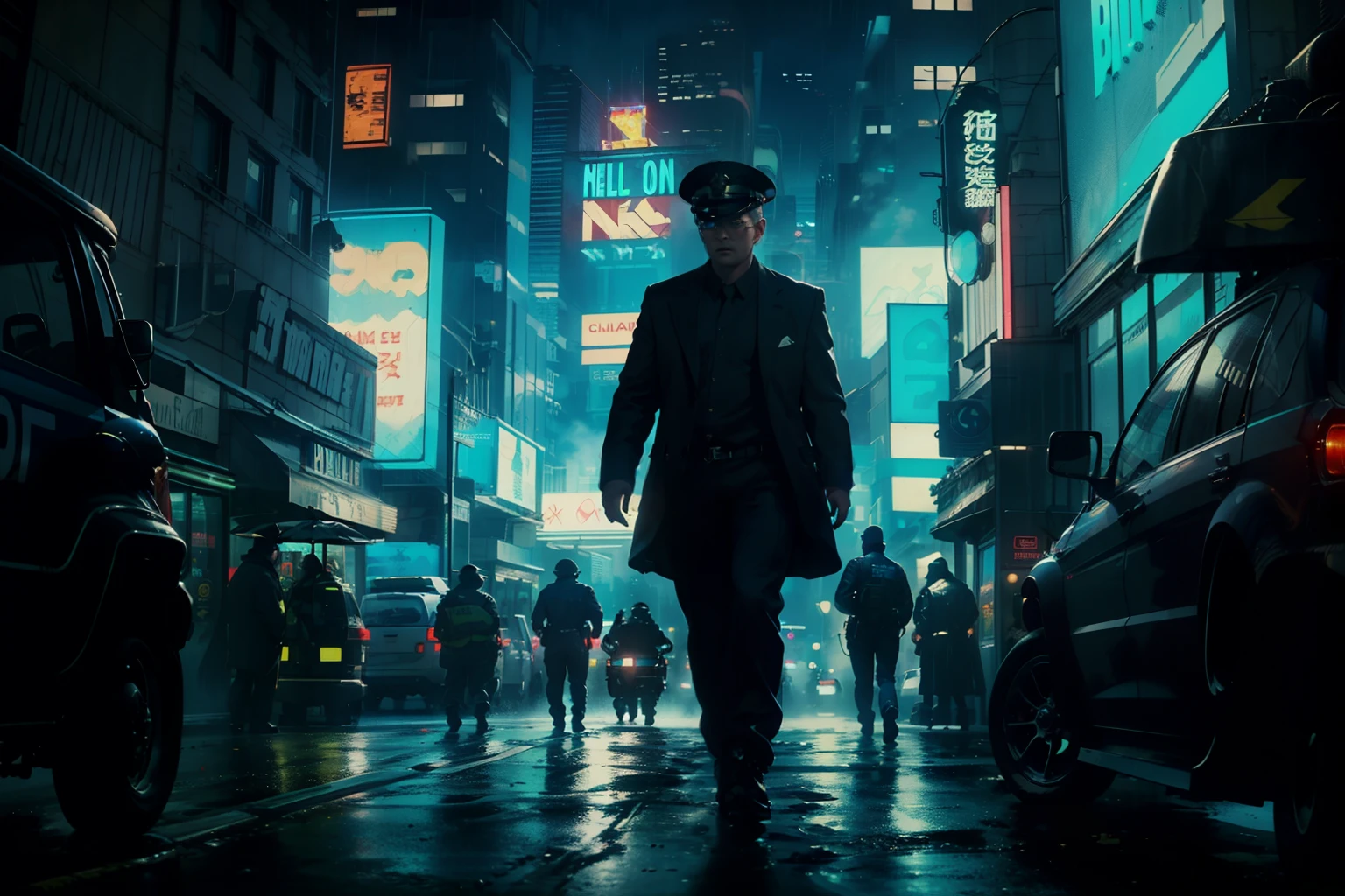 ((highest quality)), ((masterpiece)), (be familiar with), (High definition), (Accurate), (Realistic), (Cinematic), (Best Shadow), (Low contrast), (8K), Perfect Face, ((SYD MEAD style)), manga、mangaデザイン、Storyboard、Frame division、(Replicant&#39;s daughter, Black Hair, very short hair, Blue Eyes, Police black hooded raincoat), (He is watching the police from the shadows.)、On the run、(Two police officers from the Metropolitan Police Department)、(Glittering neon signs)、congestion, congestion, Decadent Future City, NEO TOKYO, A.D.2051, (steam:1.2), It's raining white, evening, 