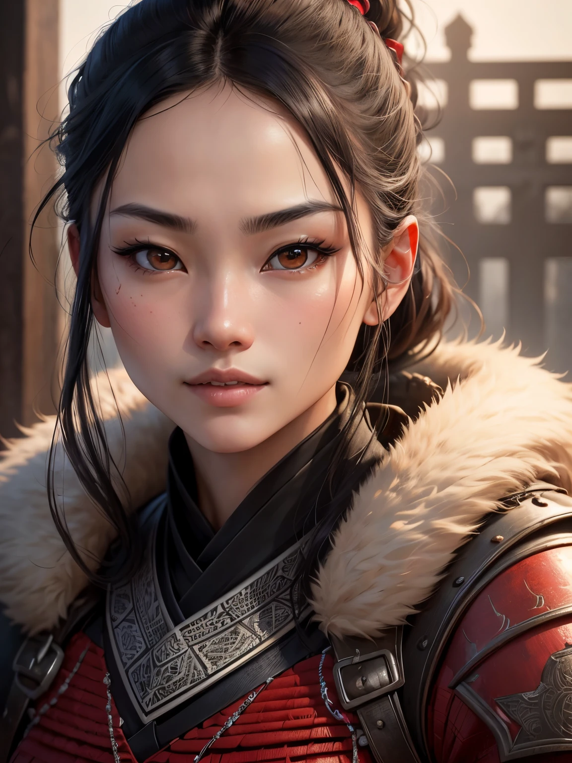 A photorealistic extreme close-up portrait of a young Cynthy Wu, twenty five years old, looking directly at the viewer, looking squarely at viewer, wide jaw, strong chin, closeup, close-up, with light makeup, Extremely detailed eyes, black hair tied in a ponytail, hair framing face, cheeky smile, one eyebrow raised, A detailed symmetrical realistic face, red keffiyeh, authentic samurai armour, highly detailed natural texture, master piece, absurdes, extremely detailed, astonishing, fine detail, couleurs riches, Hyper realistic texture, dramatic lighting