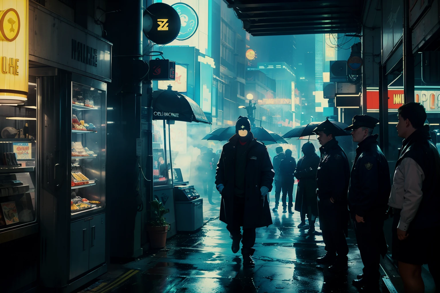 ((highest quality)), ((masterpiece)), (be familiar with), (High definition), (Accurate), (Realistic), (Cinematic), (Best Shadow), (Low contrast), (8K), Perfect Face, ((SYD MEAD style)), manga、mangaデザイン、Storyboard、Frame division、(Replicant&#39;s daughter, Black Hair, very short hair, Blue Eyes, Police black hooded raincoat), (He is watching the police from the shadows.)、On the run、(Two police officers from the Metropolitan Police Department)、(Glittering neon signs)、congestion, congestion, Decadent Future City, NEO TOKYO, A.D.2051, (steam:1.2), It's raining white, evening, 