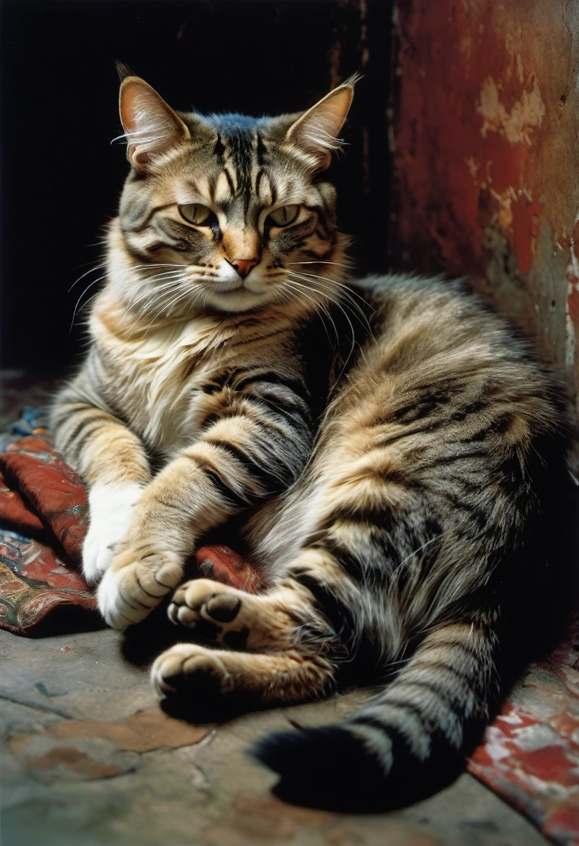 Art by eRA lEISNER, Jan Saudek and Jenny Saville ,Max Ernstrunepunk , tabby cat recumbent on its back with paws curled up on its chest, adorable and serene scene.