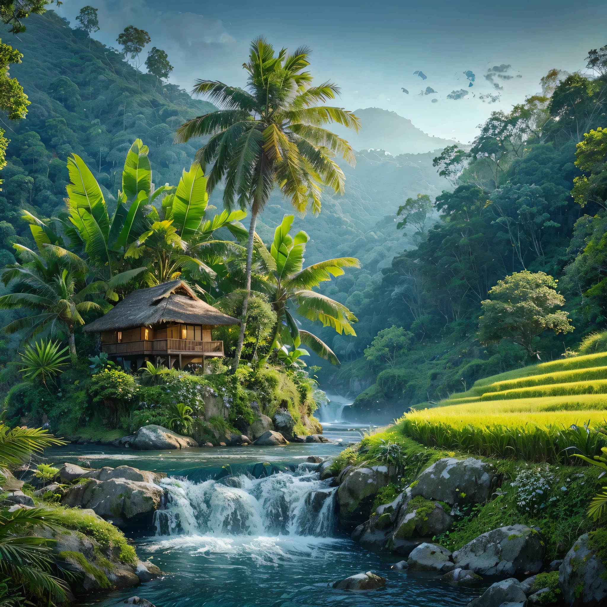 Create a hyperrealistic picture of a beautiful and enchanting view, a house located on a hillside, a coconut tree on the bank of a river with dense green leaves and lots of branches, a banana tree whose leaves are partially dry, a fern tree. small waterfall flowing with clear blue water, surrounded by rocks and plants, dark forest, green and yellow rice fields, steep hills in the background.