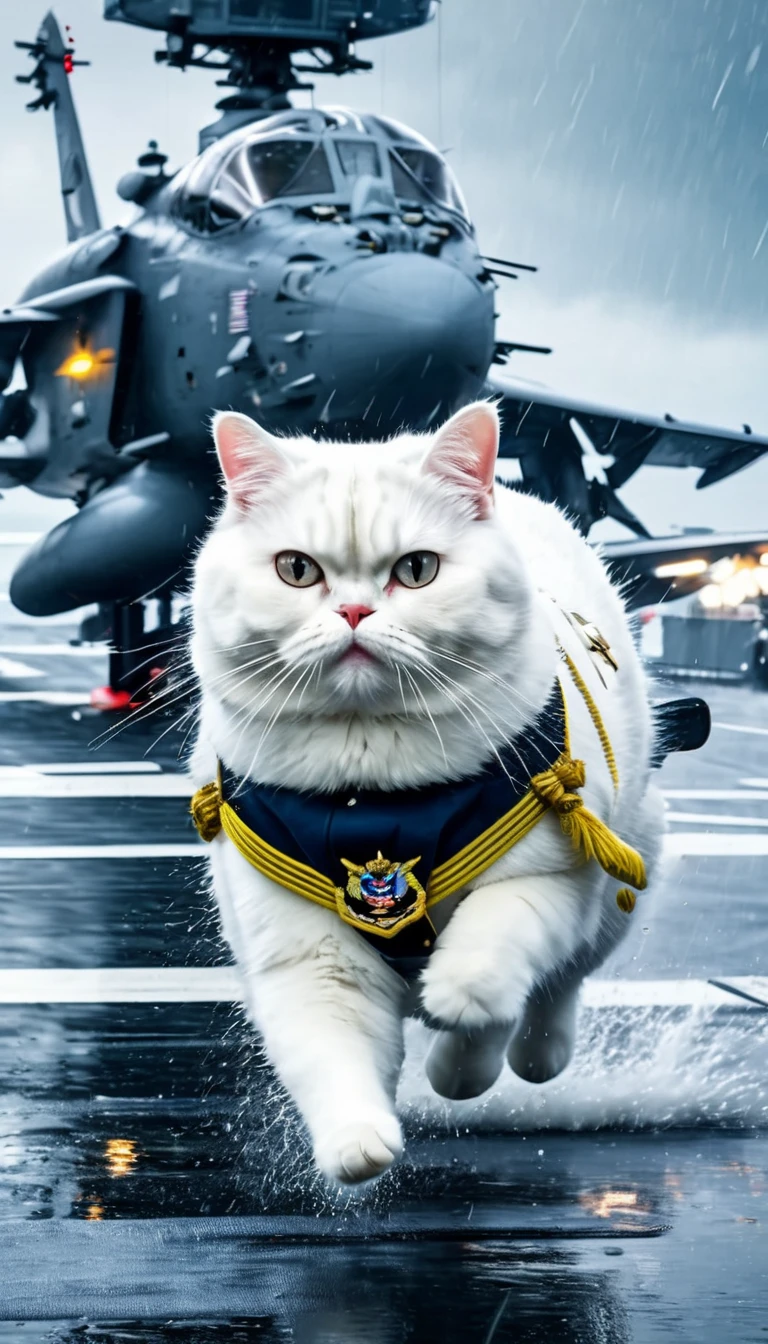 A fat white cat with military uniforms is taking off from an aircraft carrier, heavy rain, thunder, 8k