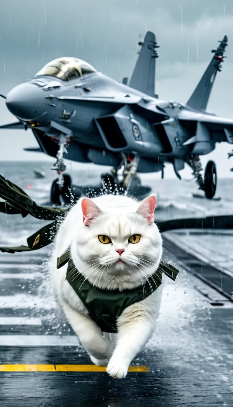 A fat white cat with military uniforms is taking off from an aircraft carrier, heavy rain, thunder, 8k