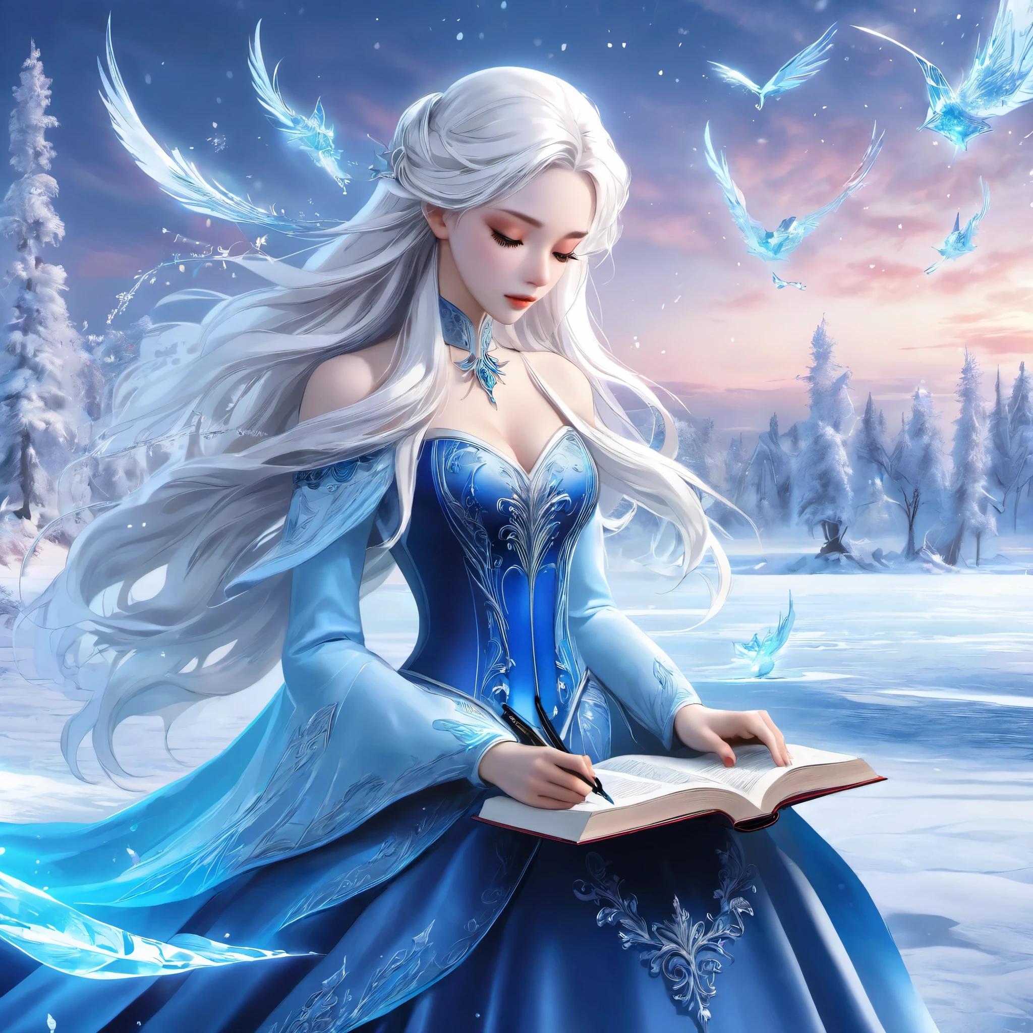 ultra-detailed,(realistic,photorealistic,photo-realistic:1.37),ice magic, blue dress, beautiful dress, beautiful figure, ice magic, magic, sparkling crystals, snowy landscape, winter wonderland, mystical atmosphere, magical glow, frozen world, ethereal beauty, girl writes in the book with stylus, women, anime, long hair, hair covers the forehead, white hair, beautiful women, medium breast, Alina Rin,