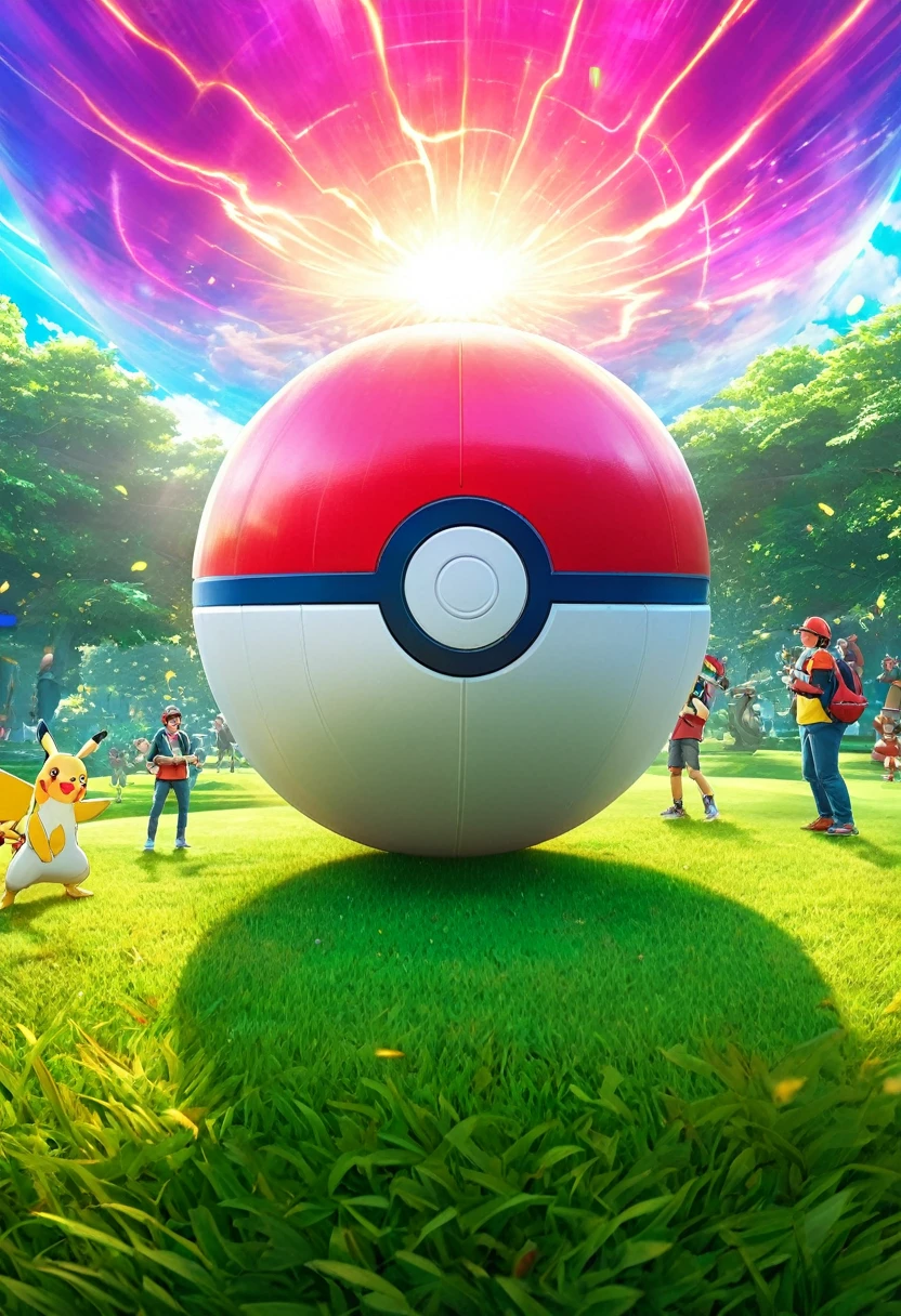 Masterpiece, digital, Pokémon GO group, banner image, cover image, multiple Pokémon, trainers, engaging in friendly activities, giant Poké ball, two Pokémon trainers in the center, inspiring, clash effects, high detail, volumetric lighting, high quality, epic, vibrant tones