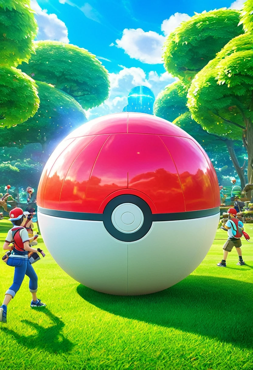 Masterpiece, digital, Pokémon GO group, banner image, cover image, multiple Pokémon, trainers, engaging in friendly activities, giant Poké ball,  two Pokémon trainers in the center, inspiring, clash effects, high detail, volumetric lighting, high quality, epic, vibrant tones