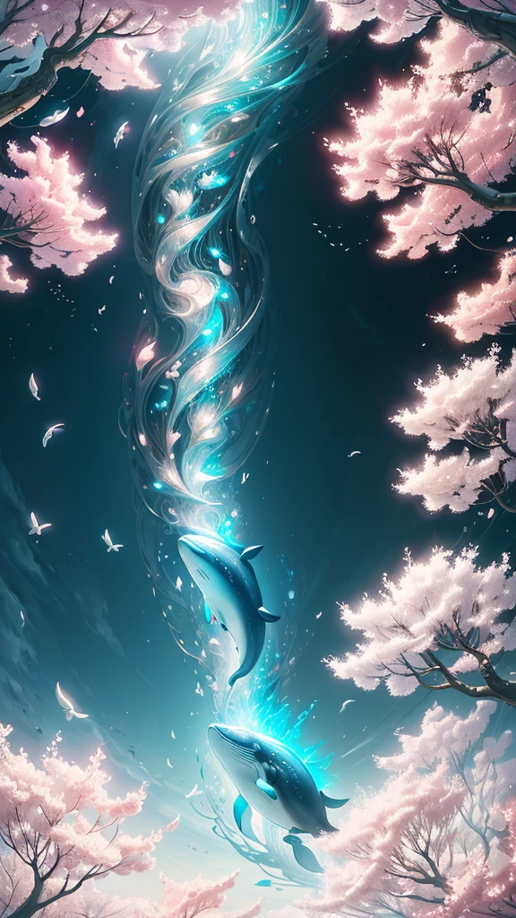 In a whimsical fantasy world, A majestic, transparent whale soars into the sky, against the laws of nature. Its gigantic form shines with light., In this high resolution image、The flowing curves and wrinkles are captured in exquisite detail.. Cherry blossoms gently drift through the air, Delicate petals open、Flowing down like rain, The mysterious behemoth's massive body is strained as it falls freely from the tree branches..
The fantastic scenery surrounding this aerial show is、Vibrant with vibrant colors, As if illuminated