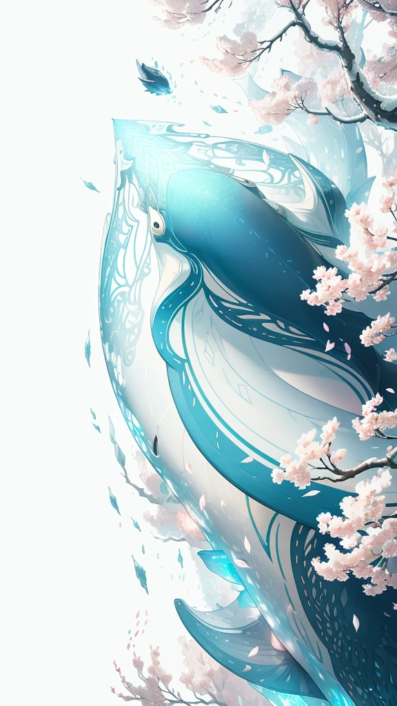 In a whimsical fantasy world, A majestic, transparent whale soars into the sky, against the laws of nature. Its gigantic form shines with light., In this high resolution image、The flowing curves and wrinkles are captured in exquisite detail.. Cherry blossoms gently drift through the air, Delicate petals open、Flowing down like rain, The mysterious behemoth's massive body is strained as it falls freely from the tree branches..
The fantastic scenery surrounding this aerial show is、Vibrant with vibrant colors, As if illuminated