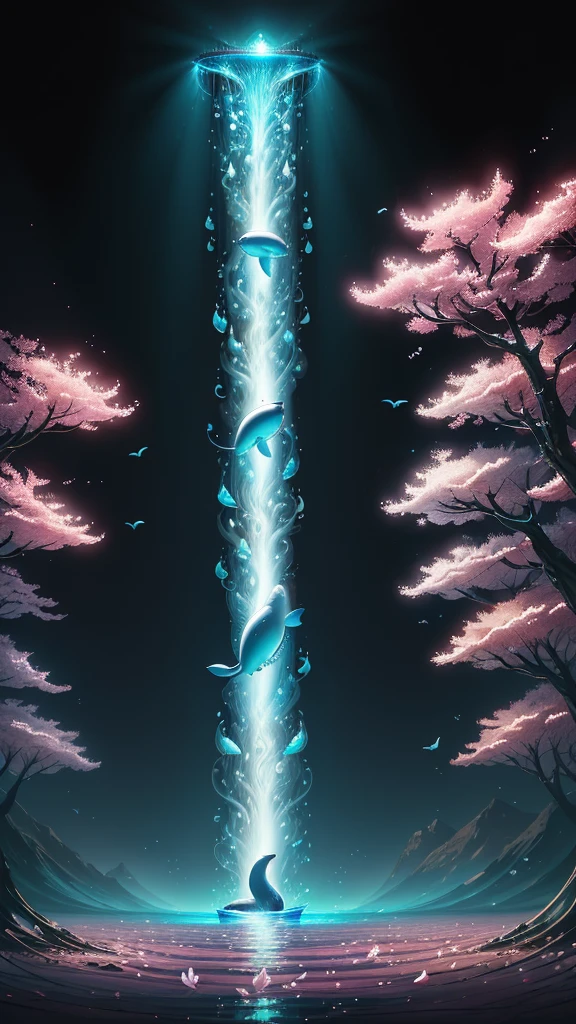 In a whimsical fantasy world, A majestic, transparent whale soars into the sky, against the laws of nature. Its gigantic form shines with light., In this high resolution image、The flowing curves and wrinkles are captured in exquisite detail.. Cherry blossoms gently drift through the air, Delicate petals open、Flowing down like rain, The mysterious behemoth's massive body is strained as it falls freely from the tree branches..
The fantastic scenery surrounding this aerial show is、Vibrant with vibrant colors, As if illuminated