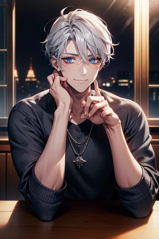 table top,highest quality,male,,Hands only,((middle aged)),beautiful eyes,enchanting smile,gray hair,blue eyes,(face shot:1.3),detailed face,8K resolution,night,dark,casual clothes