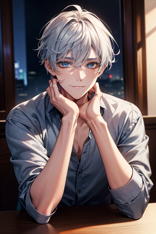 table top,highest quality,male,,Hands only,((middle aged)),beautiful eyes,enchanting smile,gray hair,blue eyes,(face shot:1.3),detailed face,8K resolution,night,dark,casual clothes