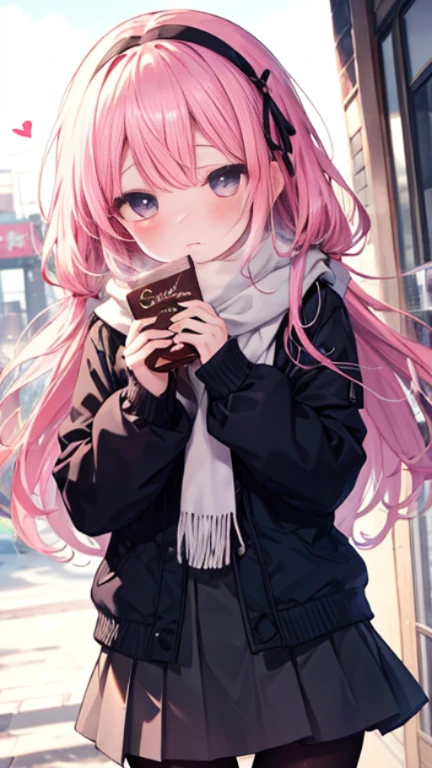 、、Shyness、blush、Embarrassing、blush、heart、Lovers、love affair、Embarrassed、、skirt、snow原、、snow、cold、scarf、scarfを巻く、降snow高解像度、Full HD、8K quality、、、Droopy eyes、、、Eye highlights、Bright eyes、Clear Eyes、Beautiful Eyes、avert your eyes、Embarrassing、blush、、Eye highlights、、、Eye highlights、信じられないほどBeautiful Eyes、Black tights with pink lines、、、Valentine&#39;s Day、chocolate、両手で心臓型のchocolate持つ、、Confession、Pink Hair、Let your hair down、Straight hair、Long Hair、Black headband